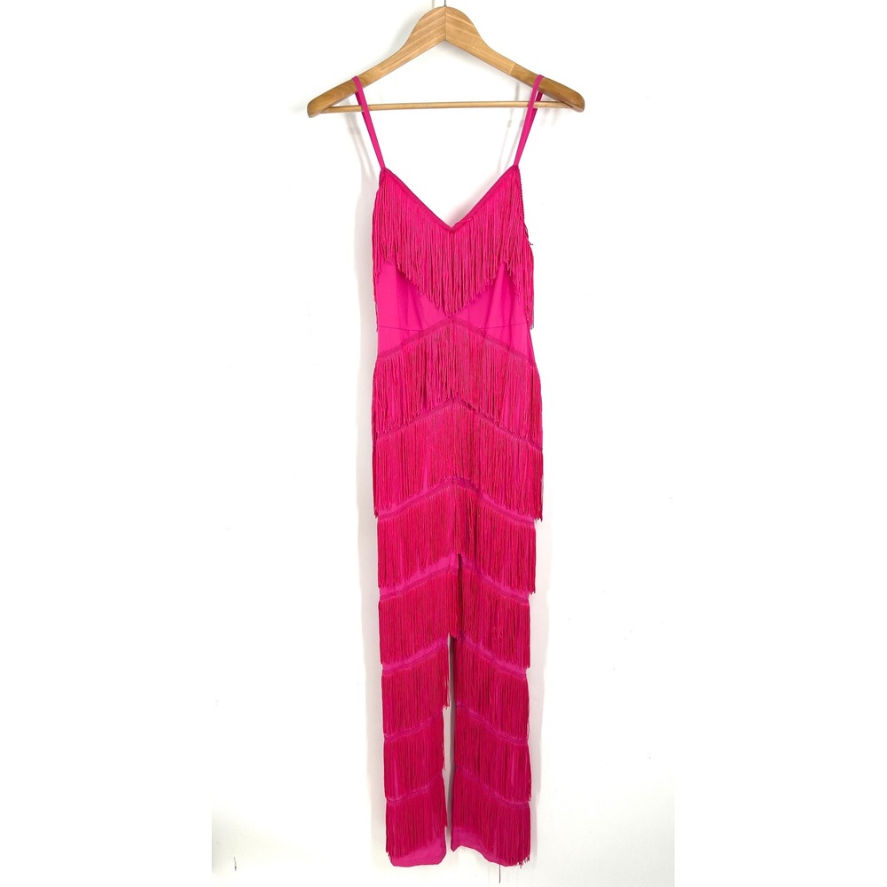 Indie XO Hot Pink Fringe Jumpsuit XS Sleeveless Tiered V-Neck Party Festival